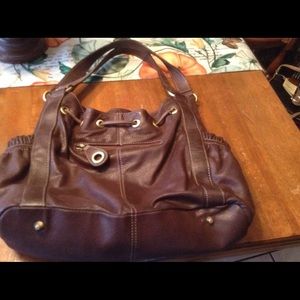 Perlina Brown Leather Shoulder Bag Drawstring